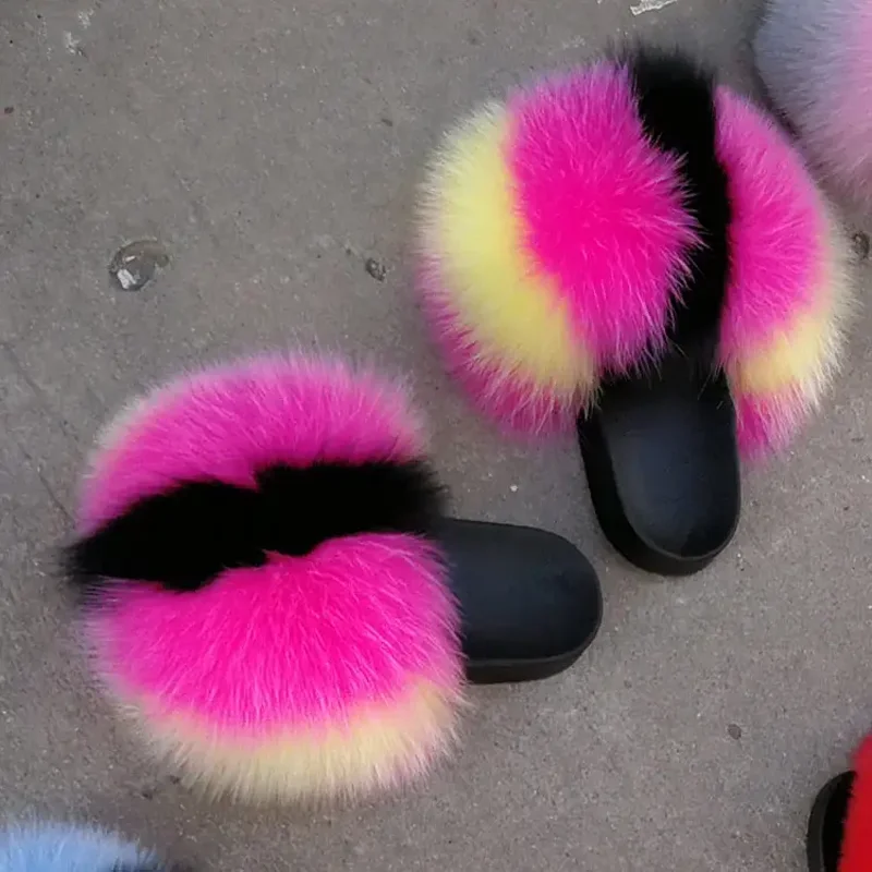 Wholesale New Arrivals Custom Logo Fluffy Real Fox Raccoon Fur Slippers Furry Fur Slides Vendor For Women Plush Flip Flops