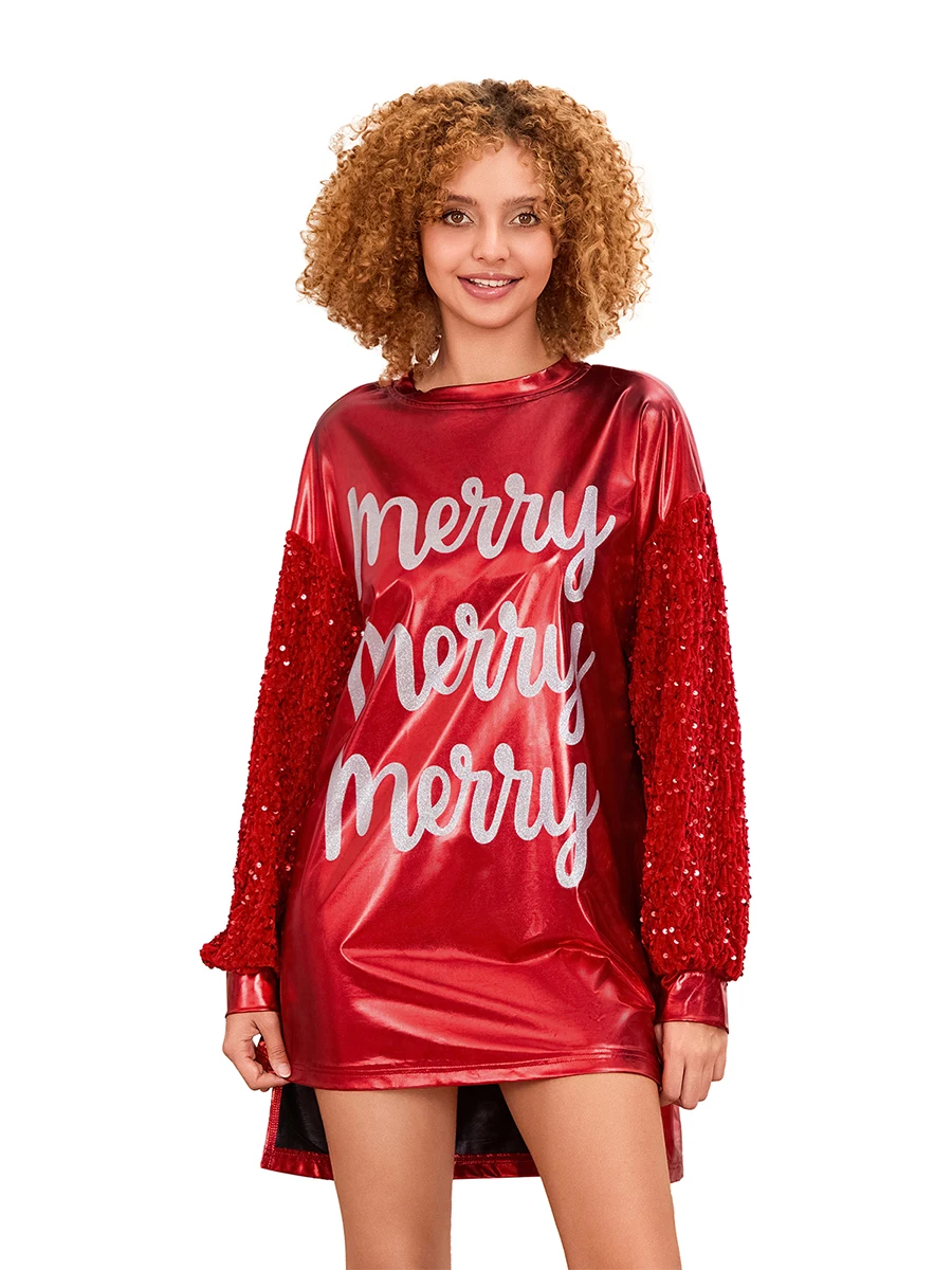 Women s Sparkle Christmas Dress Sequin Long Sleeve Crew Neck Letter Print Mini Loose Dress