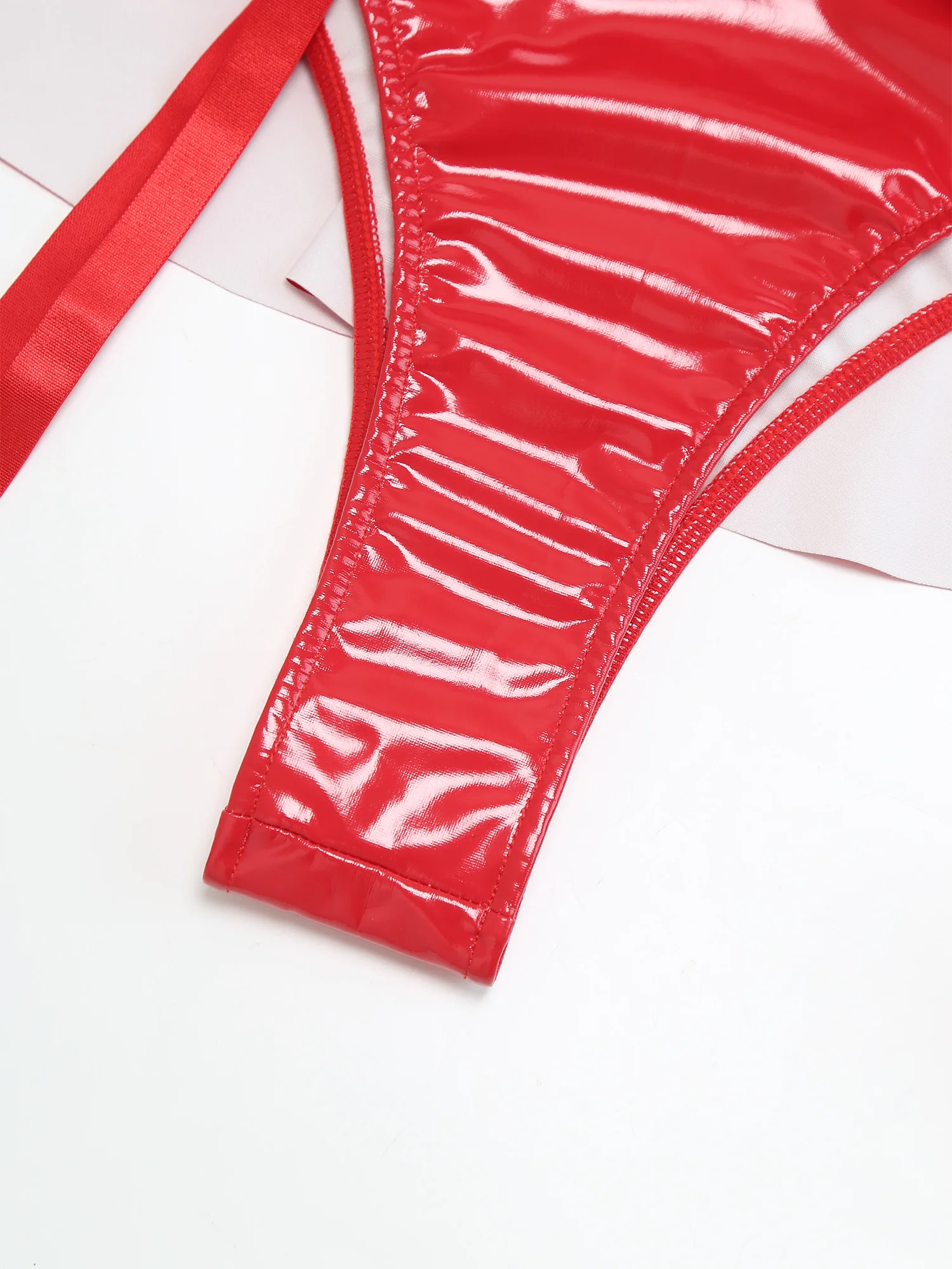 Womens Glossy PU Leather Bodysuit Fly Sleeve Hollow Out Push Up Underwire Ruffled Hem Garters Jumpsuit Clubwear for Night Party