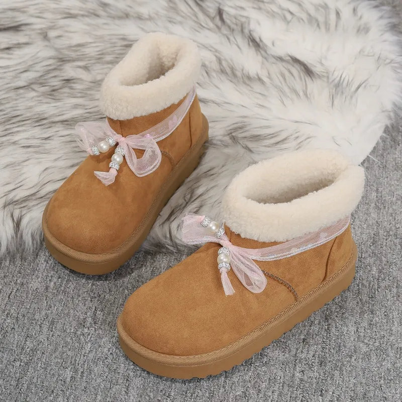 

Зимние сапоги на платформе, женские модные замшевые ботинки с круглым носком и бантом из бисера, шерстяные нескользящие ботинки с теплыми рукавами