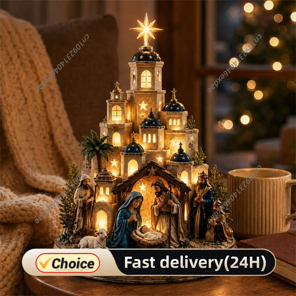 Christmas Village Tree Lighted Resin Decor Warm LED Glow Scenic Festive Tabletop Centerpiece Display