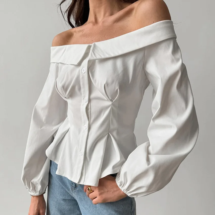 European and American Sexy One-word Collar Waist Women's Shirt 2026 Spring and Summer New Long-sleeved Top