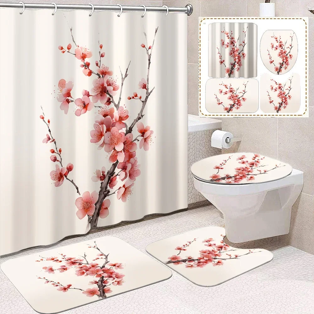

4pcs Chinese Style Plum Blossom Bathroom Waterproof Shower Curtain Non-Slip Mats Soft Microfiber Material Elegant Traditional