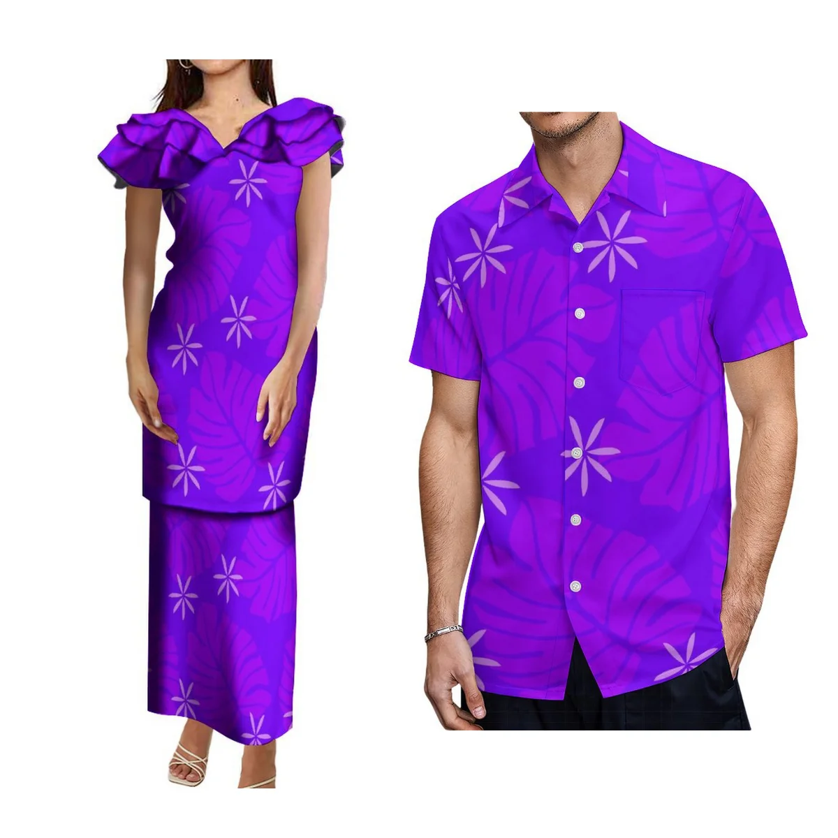 

Summer Women'S Pleated Petal-Sleeve Body Con Dress Pletasi Dress And Men'S Shirt Polynesian Plus-Size Couple Dress Custom