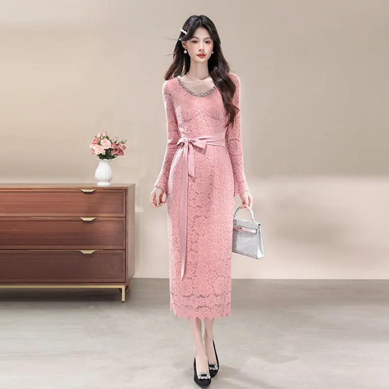 

French Rhinestone V Neck Pink Lace Long Sleeve Dress Women Elegant Slim Fit Bodycon Dresses Spring Summer