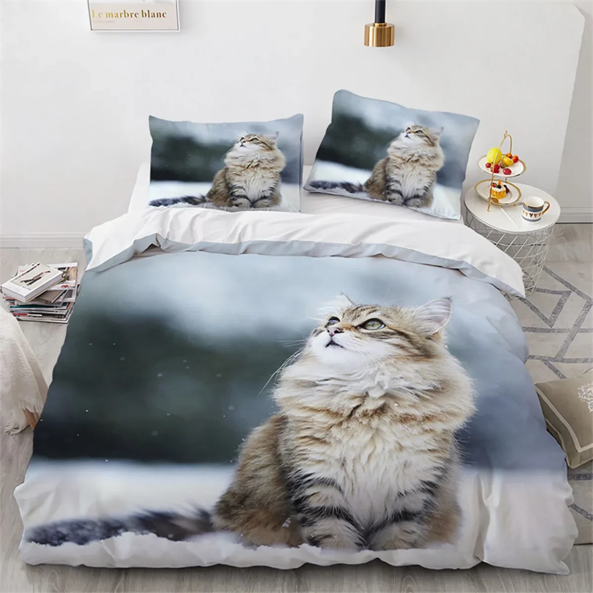 Cute Cat Orange Eyes Duvet Cover Microfiber Pet Kitten Theme for Children Girls Boys Gift for Bedroom Decoration Queen King Size