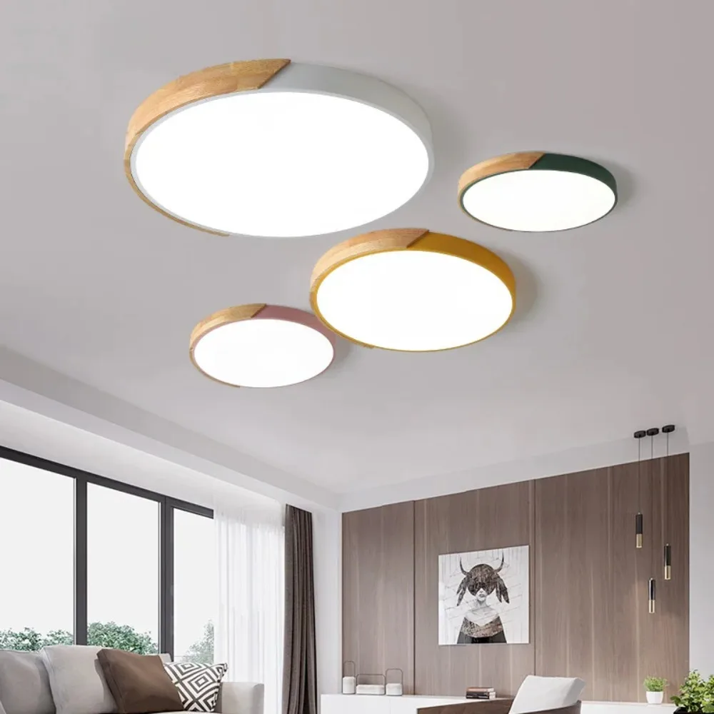 Nordic Oak Led Ceiling Lights Living Room Round Multicolor Alloy Led Ceiling Lamp Bedroom  Home Decoration Ceiling Light Fixture