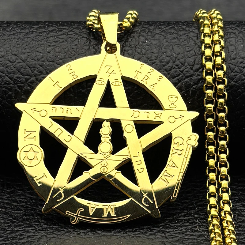 Collar con colgante de pentagrama de brujería para mujeres y hombres, cadena de amuleto de Tetragrammaton de Color dorado de acero inoxidable, regalo de joyería
