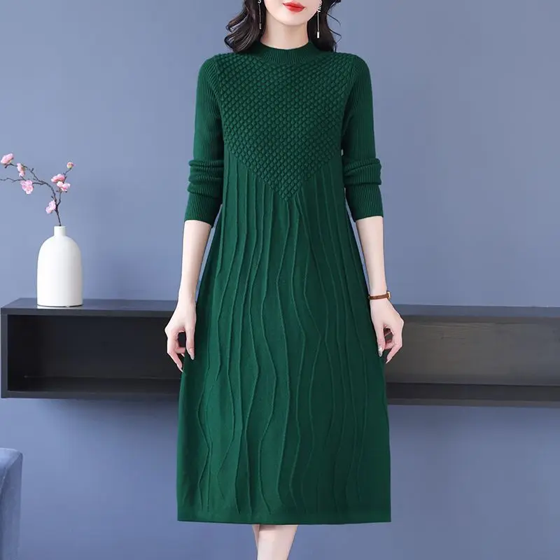 

Women Oversize Knit Dress 2024 Autumn Winter Clothes Fashion Elegant Striped Patchwork Half High Collar Female Long Sweater