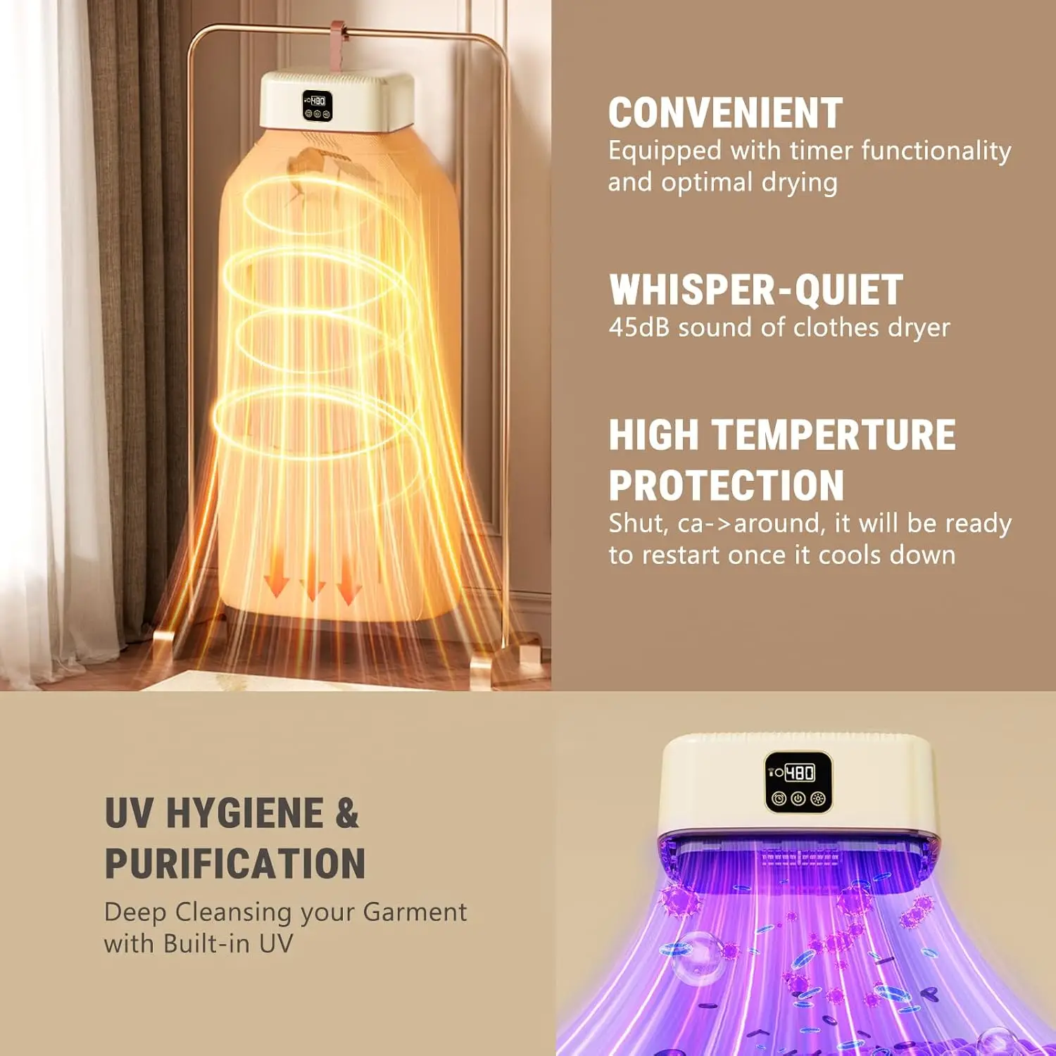 مجفف ملابس كهربائي محمول، 600 وات، مؤقت 8 ساعات، جهاز تحكم عن بعد، قابل للطي، منخفض الضوضاء، للسفر، الشقة، RV، النوم #5