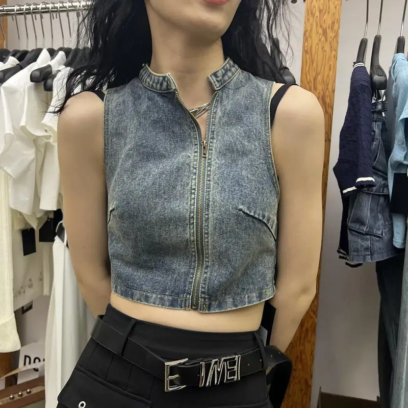 

HOUZHOU Vintage Cropped Denim Vest Women Streetwear Grunge Y2k Jean Sleeveless Jacket Cyber Style Summer Short Tops Aesthetic