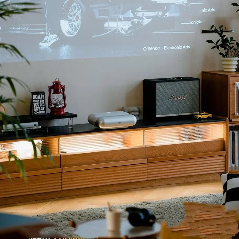 Cherry wood TV cabinet, simple rock slab solid wood floor TV cabinet in the living room for home use