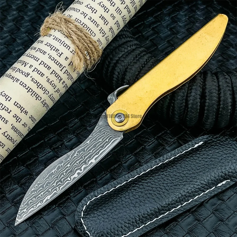 

Складной карманный нож для кемпинга с желтой рукоятью, лезвием из дамасской стали, многофункциональный, прочный, для рыбалки, EDC