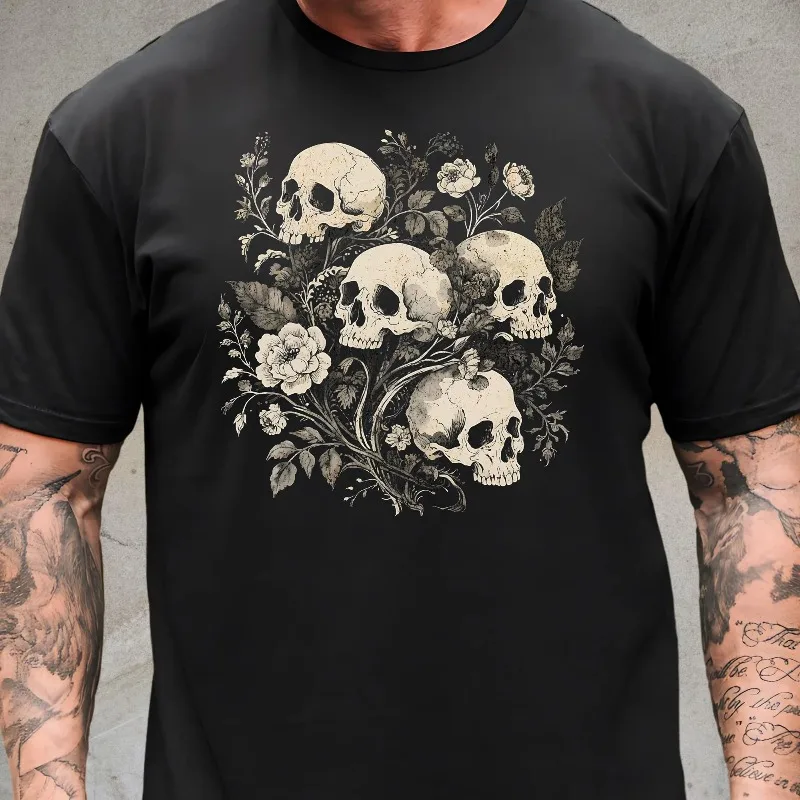 Gothic Style Floral Skull T-shirt, Alternative Decadent Gothic Style Clothing Men's T-shirt Summer New Unisex Casual T-shirt