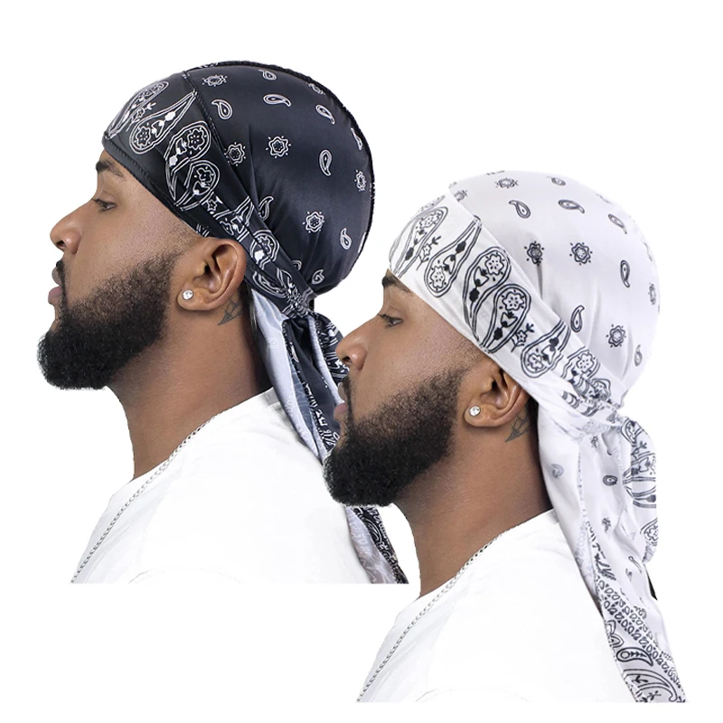 2PCS/LOT Men\'s Turban Hat Printed Wigs Durag Biker Headwrap Pirate Hats Cap For Men Hair Accessories Long Tail Straps Bandanas