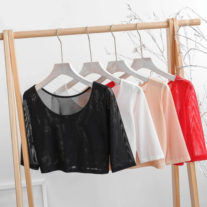 Spring Summer Women's Mesh Base Shirt Half Sleeve Ultra Short Top Belly Bared Korean Style round Neck Pure Color Commute Fashion