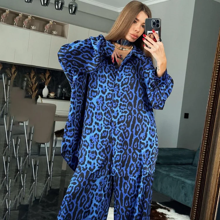 Women Long Sleeve Leopard Print Blouses Suits With Long Pants Fashion Blue Two Piece Sets Tracksuits Ladies Outfits