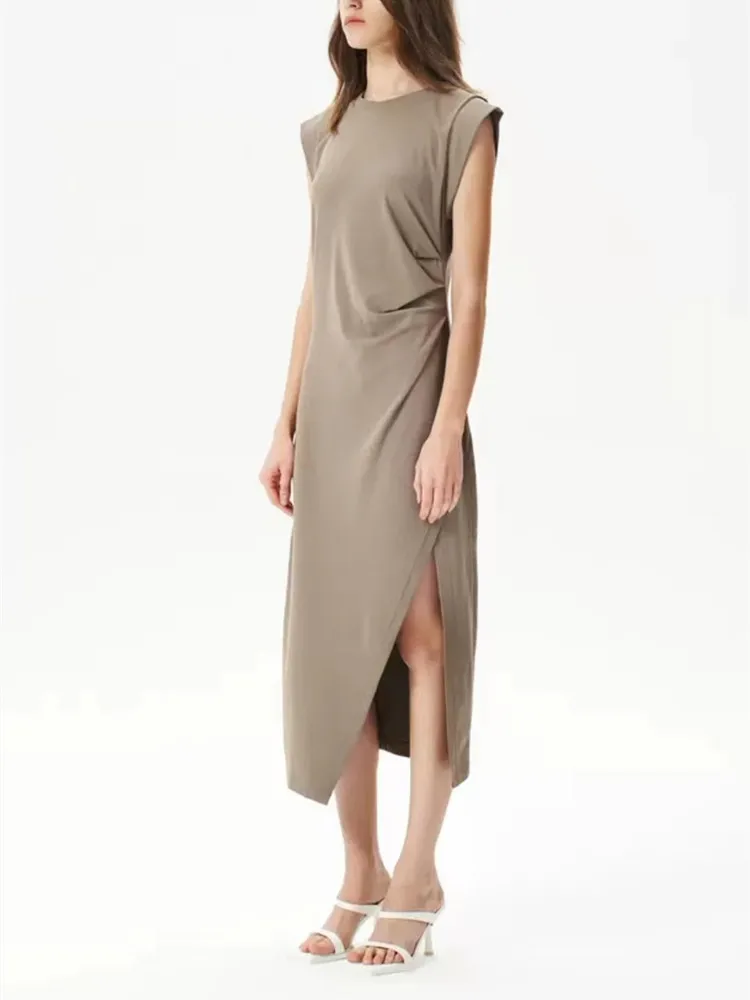 

2024 Summer Female Solid Color Casual Robe Women Sleeveless Round Neck Slit Splice Midi Dress