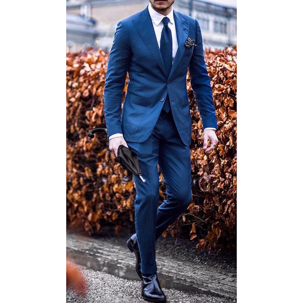 

Men's Suits Blue Single Breasted Peak Lapel Slim Fit Skinny 2 Piece Jacket Pants Set Chic Male Clothing Office Costumes Tailor
