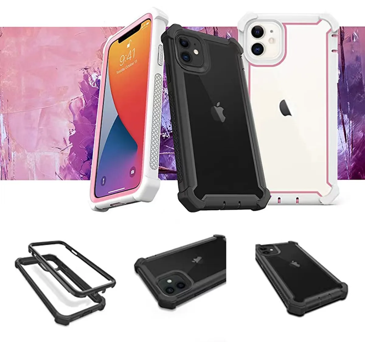 TPU Case for iPhone 11 12 13 14 15 16 Pro Max Rugged Hybrid Transparent Shockproof Armor Hard PC Frame Bumper Silicone Back Case