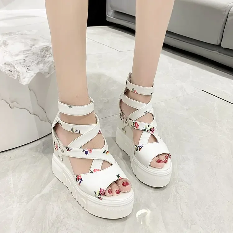 2024 Summer Women\'s PU Printed Wedge Sandals Super Heel Platform Shoes Women\'s Sexy Open Toe Zip-Up Gladiator Sandals 34-42