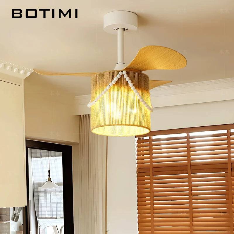 BOTIMI 75CM Rope Lampshade Ceiling Fan With LED Lights For Bedroom Remote Control Ventilateur de plafon Bedroom Cooling Fan