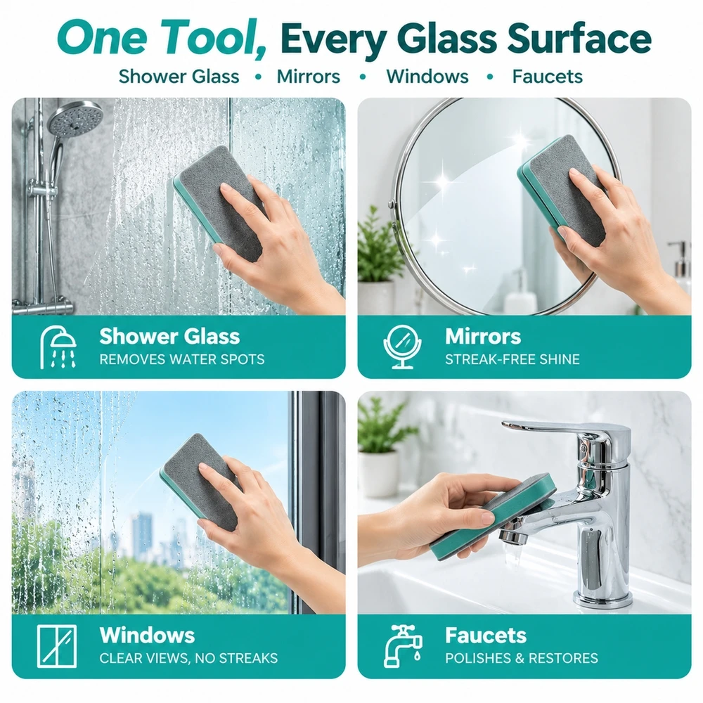 6Pcs Bathroom Glass Care Kit Strong Water Mark Remover Brush for Shower Doors Mirrors Tiles and Window Glass