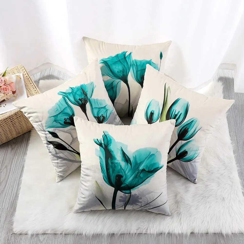 Cyan Watercolor Flower Linen Cushion Cover Upholstery, Pillowcase Home Decor, For Sofa, Car, Bedroom 40x40 45x45 50x50 60x60