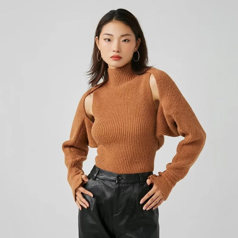 

Женский осенний новый пуловер, жилет с высоким воротом и длинными рукавами, свободный свитер с шалью, комплект из двух предметов