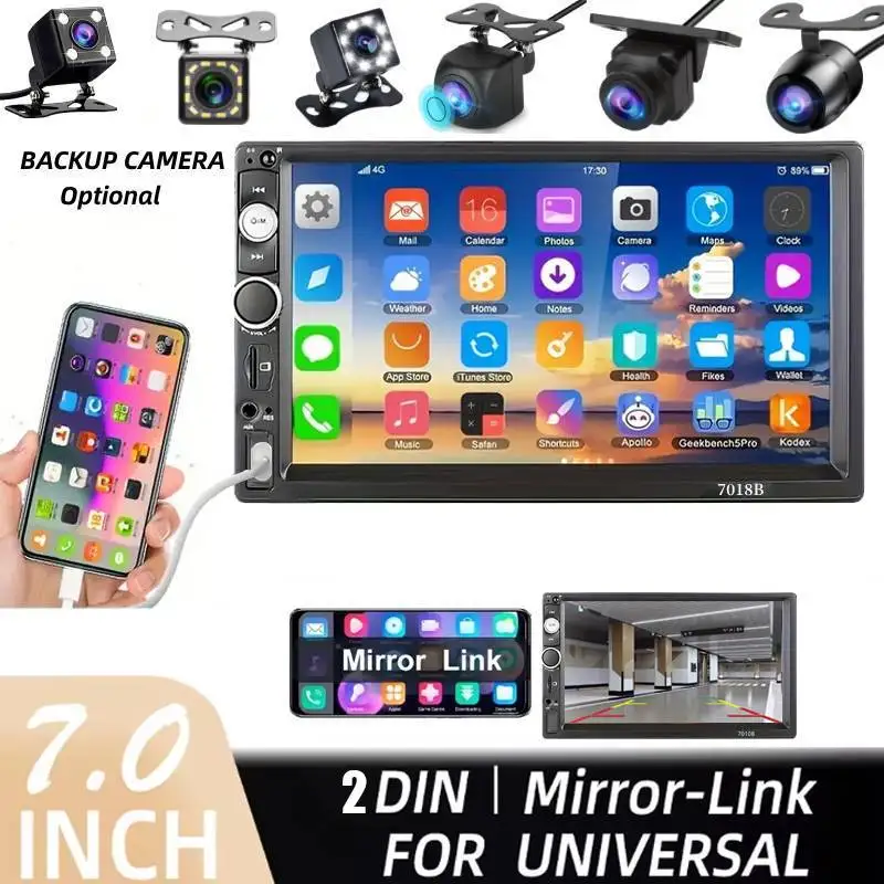 

7INCH 2Din Car Stereo MirrorLink, MP5 Player, USB, TF Card Slot, FM, AUX Input Universal Car Multimedia System w/ backup camera
