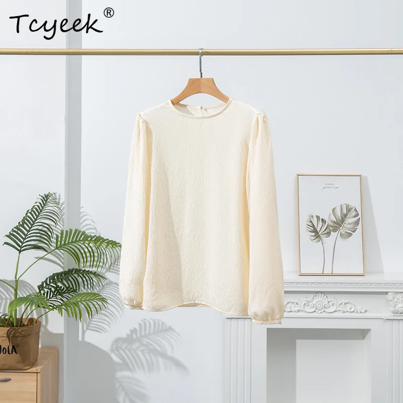 

Tcyeek, 100%Natural Silk Elegant Shirts, Women ONeck Long Sleeve, Jacquard Loose Fashion Blouses, Summer Autumn New T47010QM
