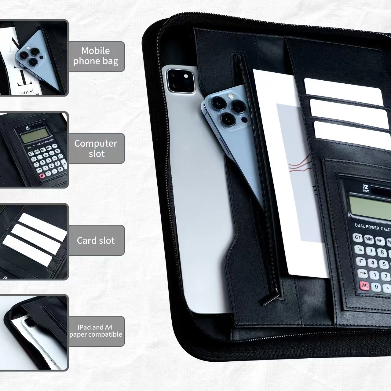 A4 PU Leather Business Padfolio Organizer Case with Calculator Zippered Briefcase Document Manager Office Binder File Folder