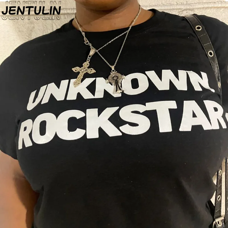 Y2k Ästhetisches Muster Unbekannte Rockstar T-Shirts Damen Kleidung Retro Grafik Top Kurzarm Casual T-Shirt Lose weiche Baumwolle Tops