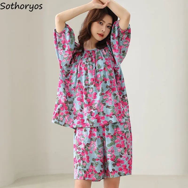 Floral Pajama Sets Women Ulzzang Loose Aesthetic Home Breathable Sleepwear Temperament All-match Females Fashion Soft Loungewear