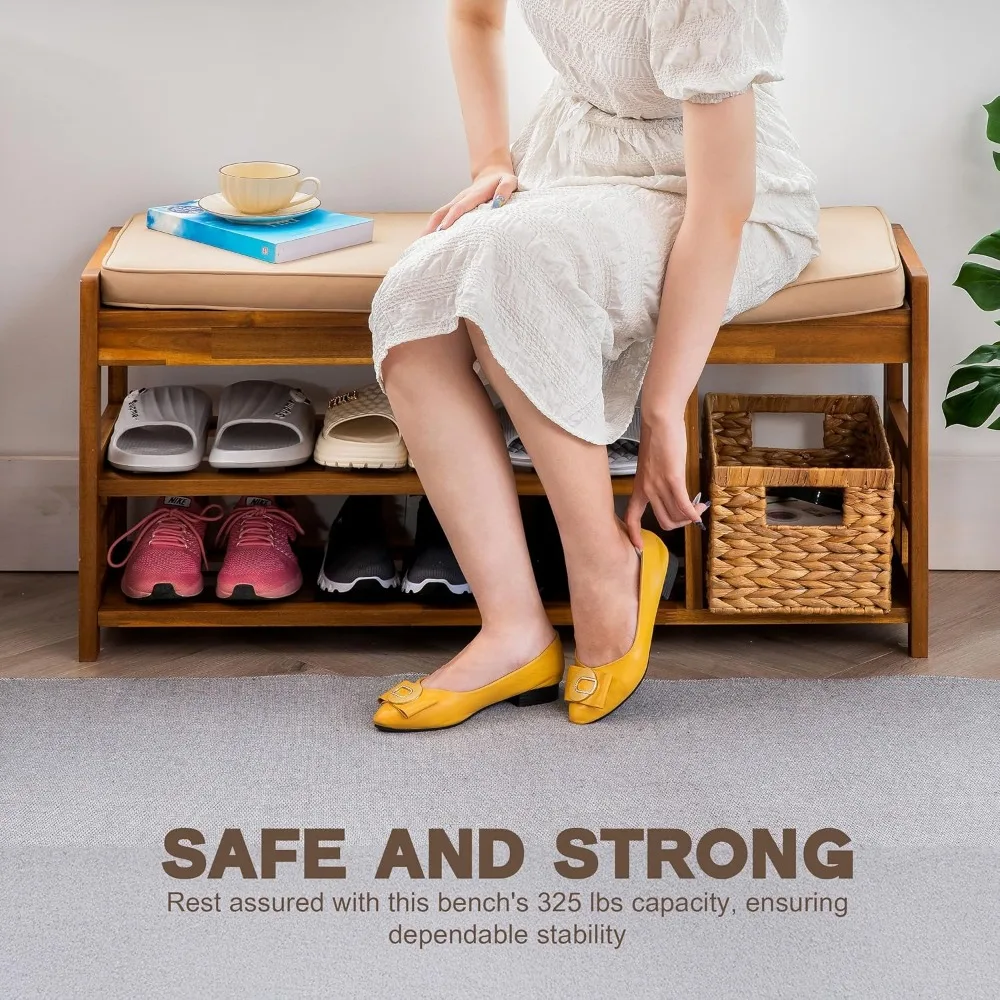 مقعد تخزين الأحذية من خشب السنط مع مقعد مبطن ومقابض سهلة الحركة - منظم مدخل متعدد المستويات #6