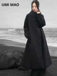 UMI MAO Simple Black Cotton Coat Long Women's Large Pocket Design Loose Stand Collar Cotton Jacket Femme Y2K