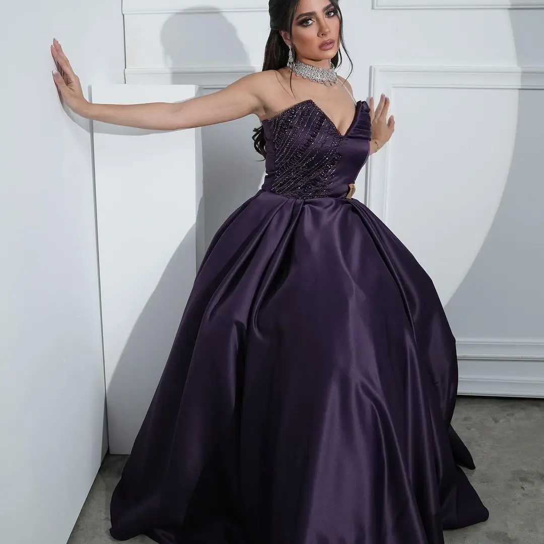 

V-neck Beads Purple Elegant Evening Dresses A-Line Floor-Length Sleeveless Arabia Formal Party Prom Dress vestidos de