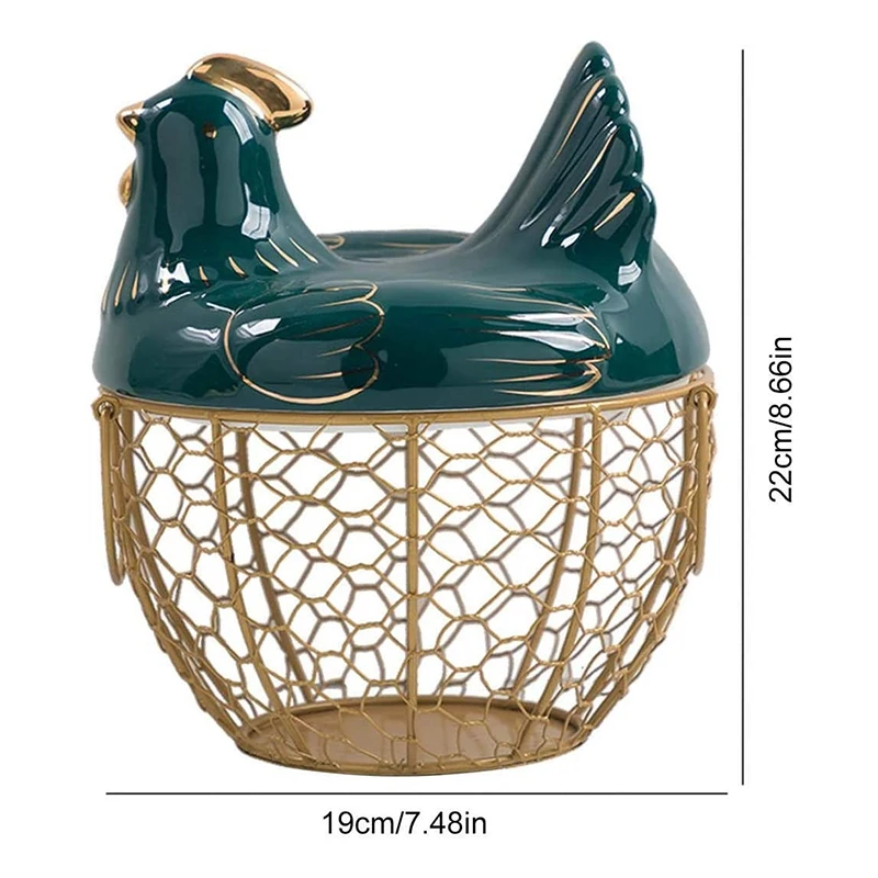 Hot Egg Storage Basket Metal Wire Fruit Basket With Chicken Shape Lid Ceramic Egg Holder, Storage Holds 30 Eggs