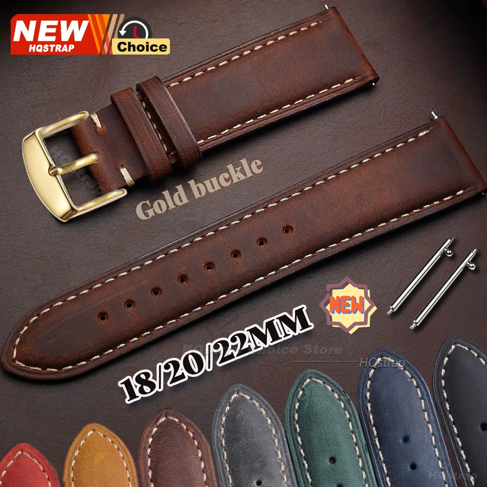 Gold Clasp Vintage Watch Strap 18mm 20mm 22mm Quick Release Watch Band for Women Men Universal Wristband Brown Cowhide Bracelet