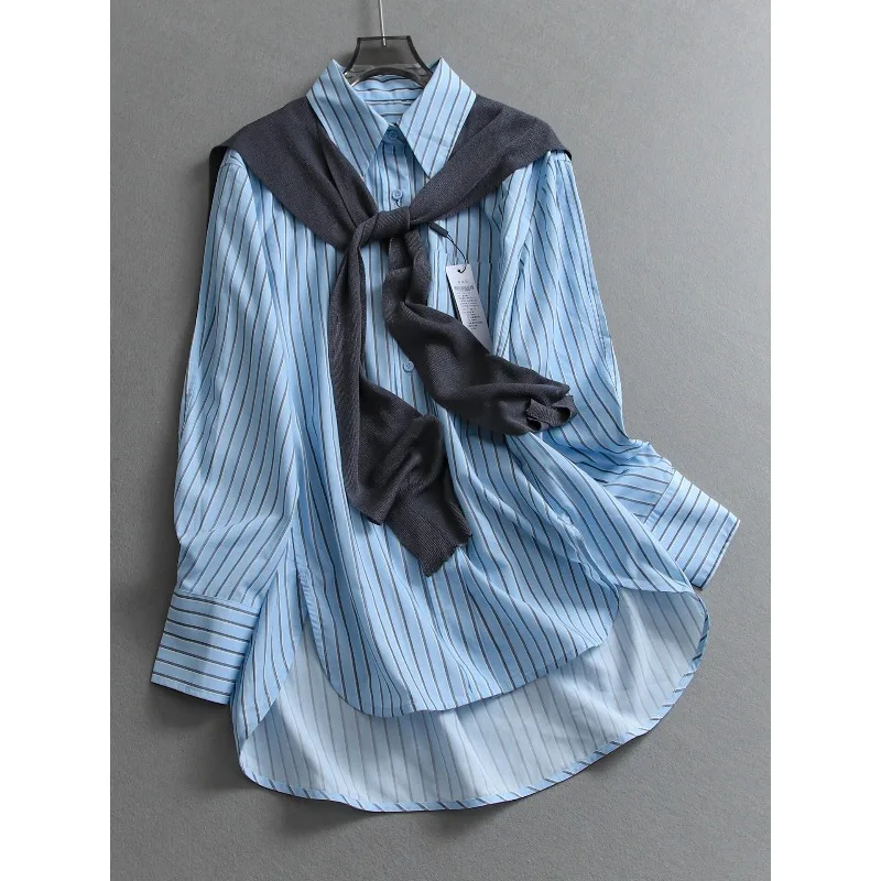 

Супермодный комплект SuperAen: свободная блузка с контрастными полосками и шаль, весна-лето 2026, новинка, повседневная модель с длинными рукавами