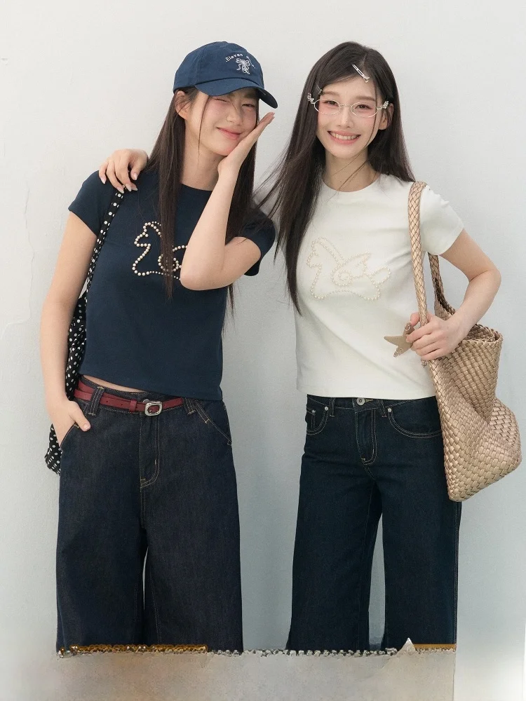

ELEVEN SP Pearl Detail ort Sve Women's T-irt Korean Sle Slim Fit Summer Top High Waist Knitted Cotton Blend
