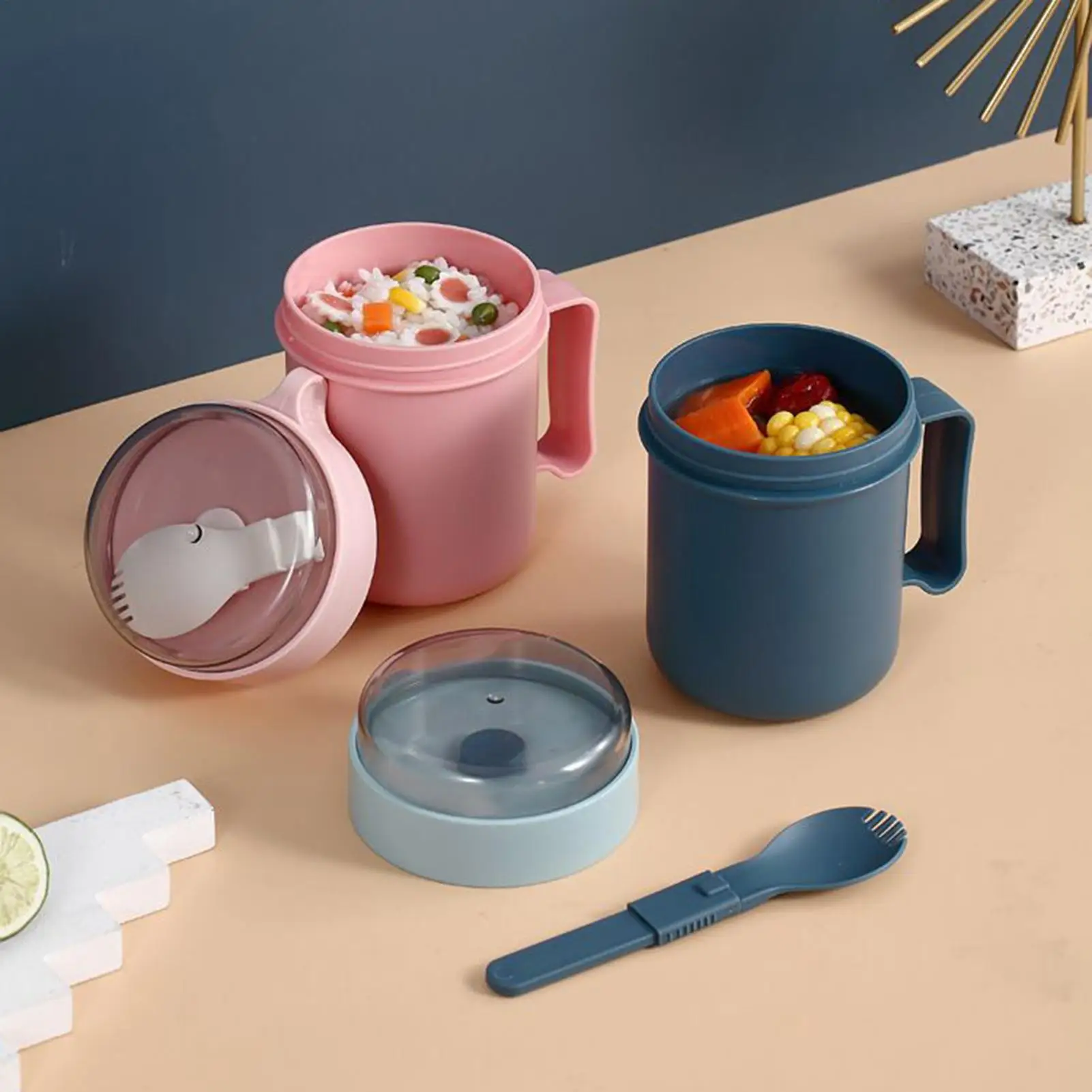 Tazas portátiles para desayuno, 500ml, avena, cereales, nueces, yogur, ensalada, taza con tapa, cuchara, fiambrera escolar, microondas para herramientas de cocina