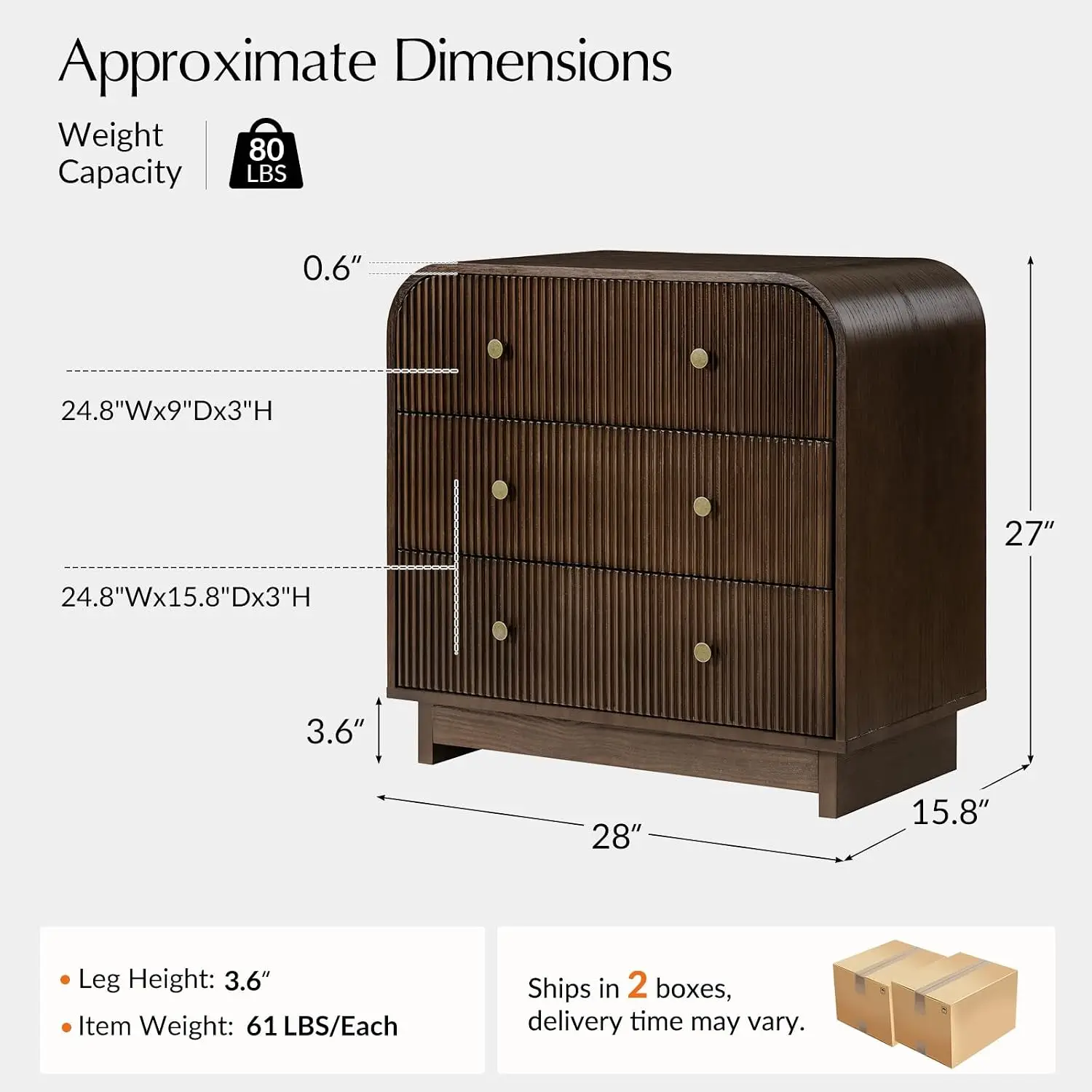 Fluted 3 Drawer Wood Side Table with Charging Station, Solid Wood Legs, End Table for Living Room, Set of 2, Walnut, Customized