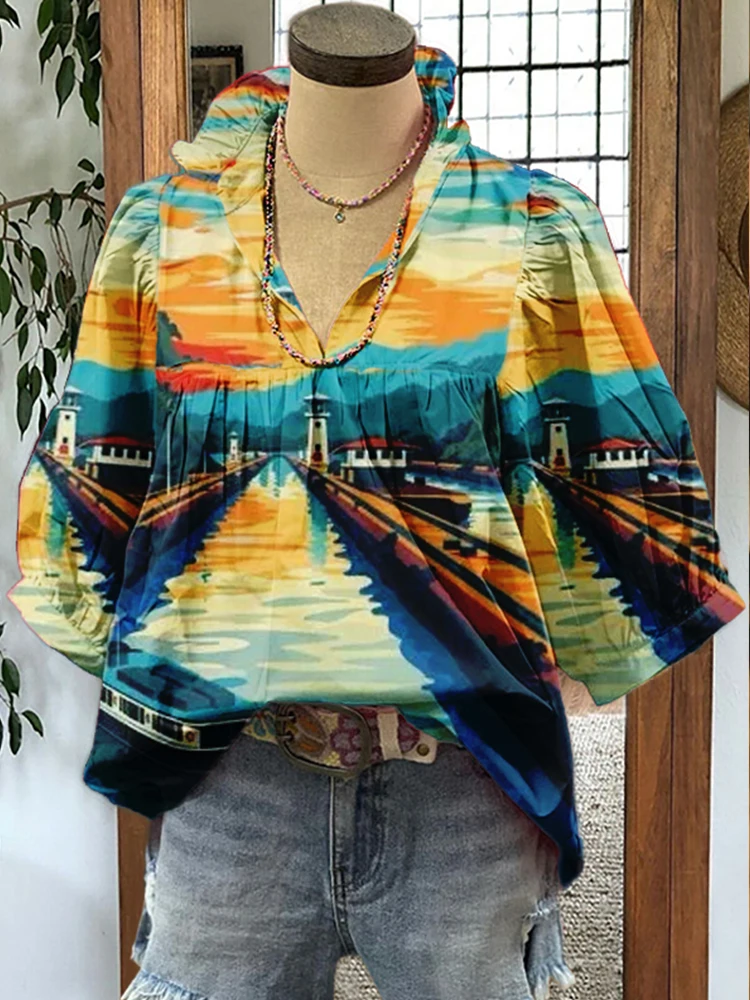 Vintage Panama Canal Print Puff Sleeve Blouse