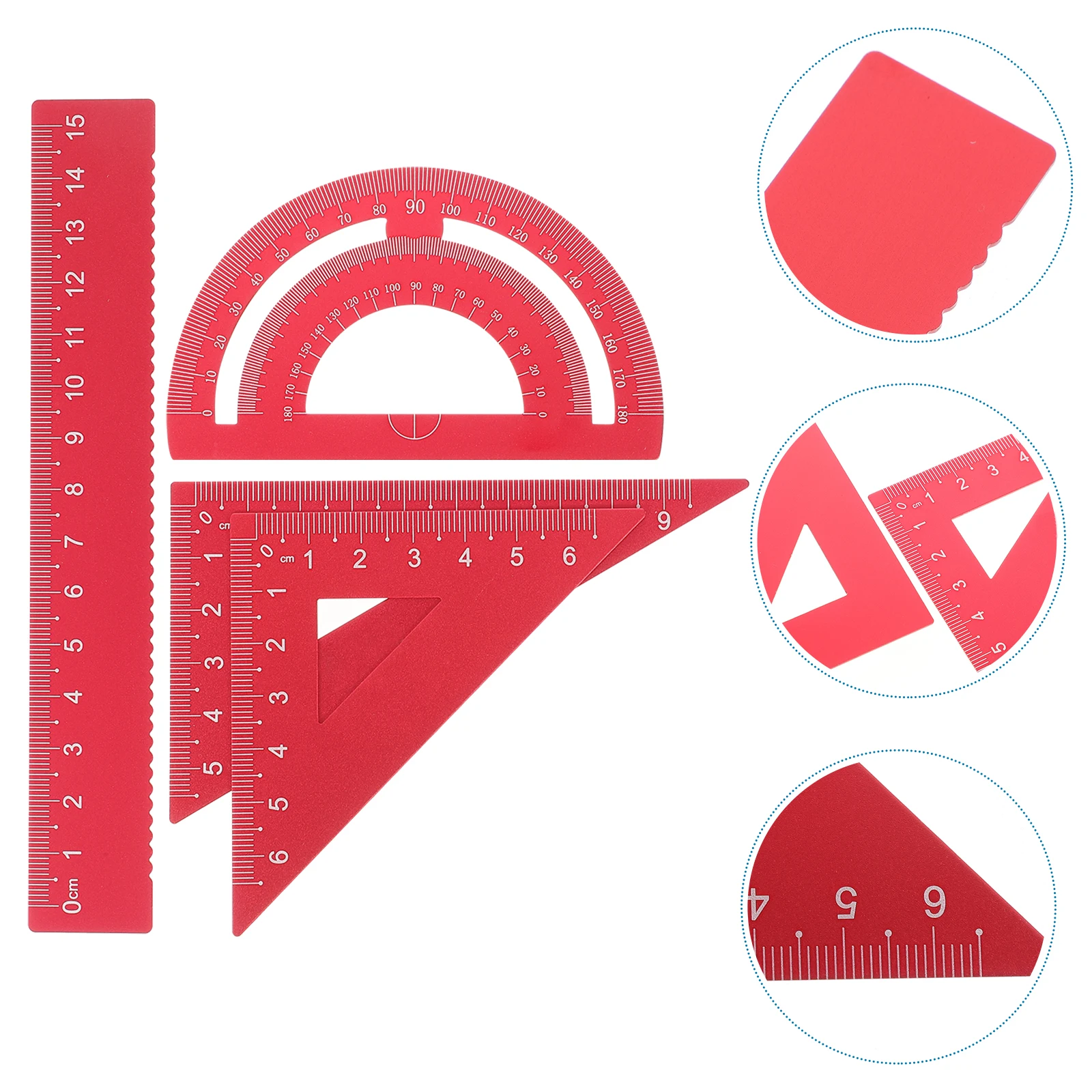 

4pcs 1 Set Metal Ruler Set Sturdy Office Stationery Kit Triangular Plate Protractor Geometry Tools For Students School Use Red