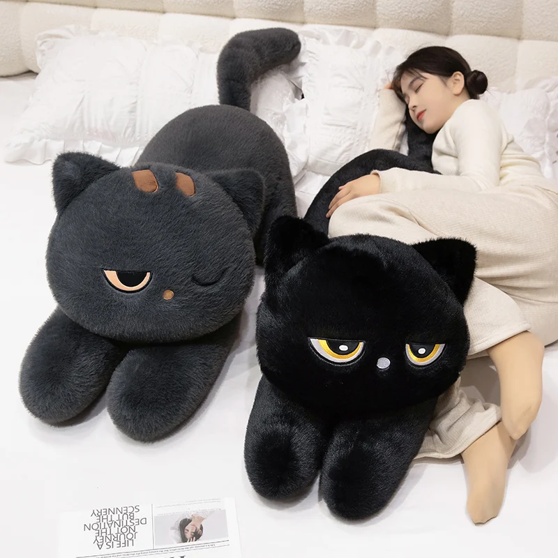 Jouets en peluche pour chats noirs pour femmes et filles, oreiller doux et long, animaux de sommeil, Kawaii, HDPWomen