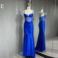 YQLNNE Royal Blue Satin Crystals Prom Dresses Long Slit Mermaid Evening Gown