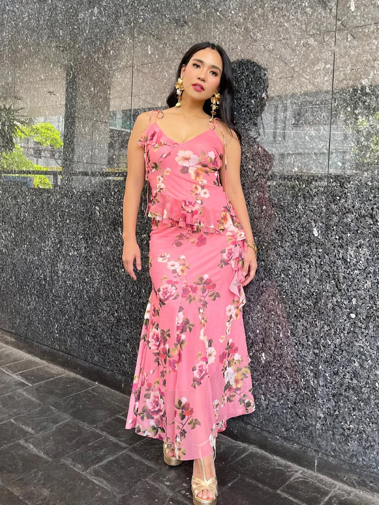 HH Vrouwen Zomer Bloemen Prints V-hals Mouwloos Asymmetrie Versieren Top + Mode Hoge Taille Geplooide Lange Rok 2-delige Set