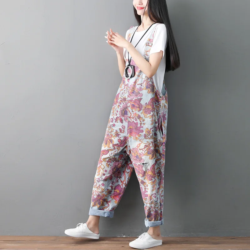 Floral Print Jumpsuit Women 2022 Retro Baggy Bib Pants Summer Autumn Japan Style Loose Casual Girls Overalls Trousers