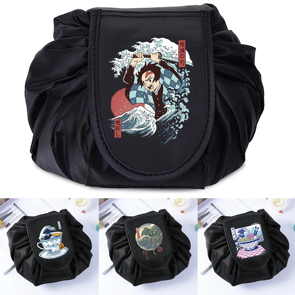 

Wave Printed Drawstring Travel Cosmetic Bag Storage Folding Toiletries Beauty Kit Box
